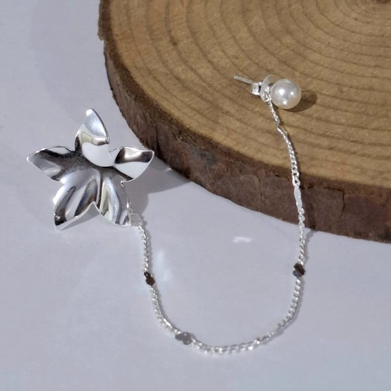 Brinco Pétala com Corrente e Mini Brinco com Zircônia - Folheado a Prata