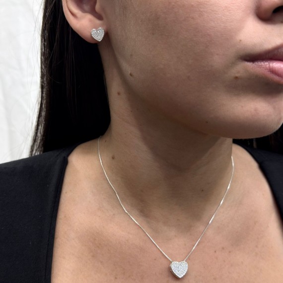 Conjunto de Coração Cravejado - Folheado a Prata 