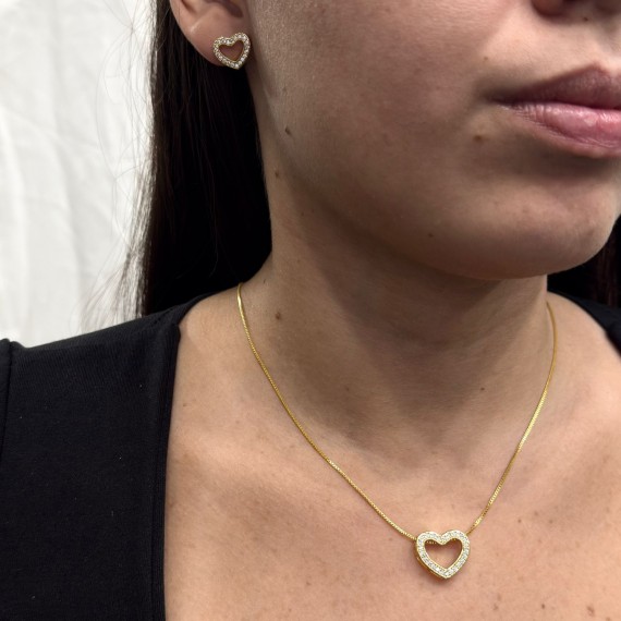 Conjunto de Coração Vazado com Pedras - Folheado a Ouro 18k
