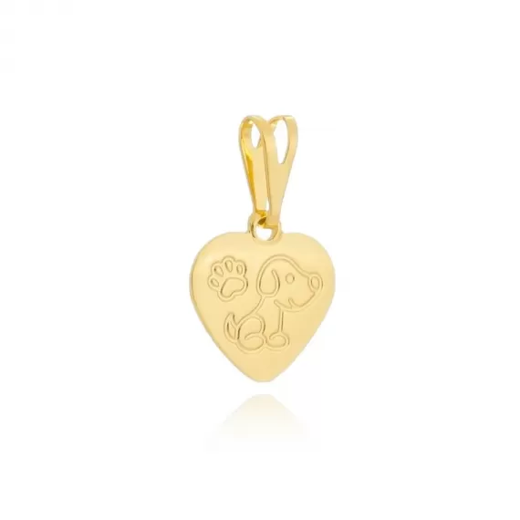 Pingente formato de coração com desenho de cachorro e uma patinha - Folheado a Ouro 18k