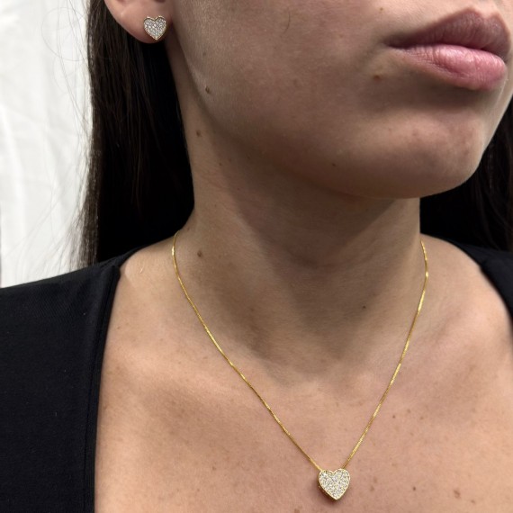 Conjunto Coração Cravejado Preenchido - Folheado a Ouro 18k