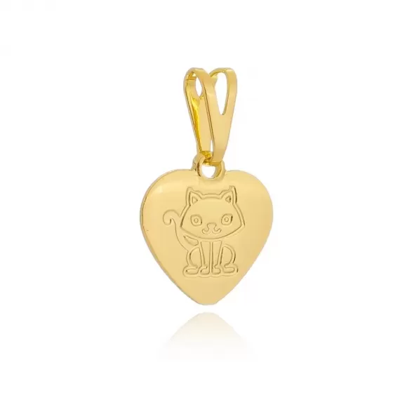 Pingente formato de coração com desenho de gato - Folheado a Ouro 18k