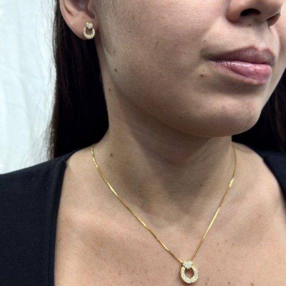 Conjunto Círculo com Coração em cima Cravejado - Folheado a Ouro 18k 