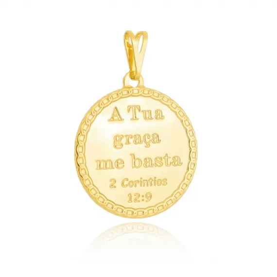 Pingente medalha com escritas - A tua graça me basta, 2 Corintios 12-9 - Folheado a Ouro 18k