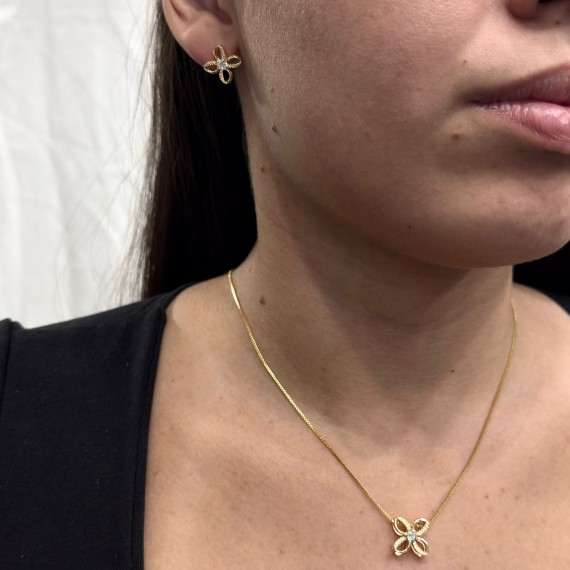 Conjunto Flor Vazado com Pedra no Centro - Folheado a Ouro 18k