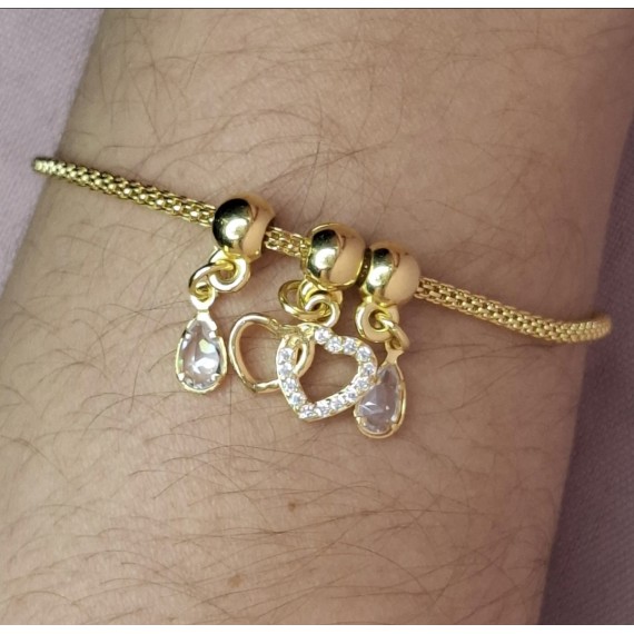 Pulseira estilo Pandora com Pingentes Pendurados de Coração e Ponto de Luz - Folheado a Ouro 18k
