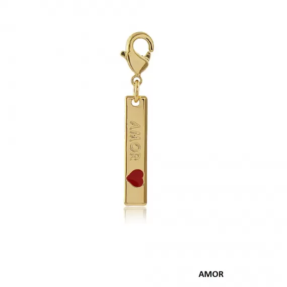 Pingente fecho lagosta chapinha escrito 'Amor' com coração em resina vermelho - Folheado a Ouro 18k