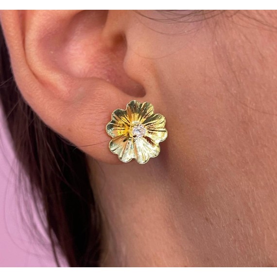 Brinco Flor com Zircônia - Folheado a ouro 18k