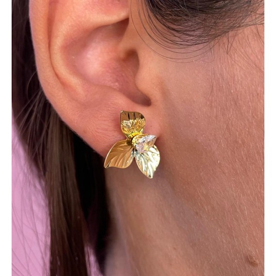 Brinco Meia Flor com Zircônia - Folheado a Ouro 18k