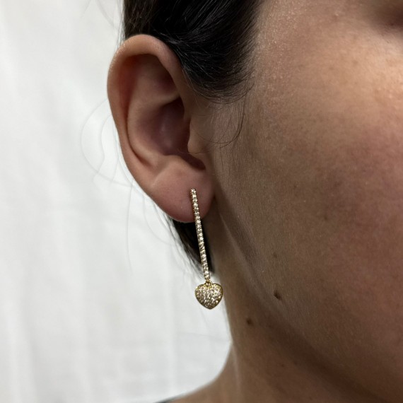 Brinco Palito com Pingente de Coração Cravejado - Folheado a Ouro 18k