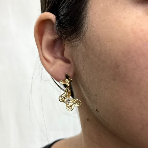 Brinco com Duas Borboletas Pendurado - Folheado a Ouro 18k