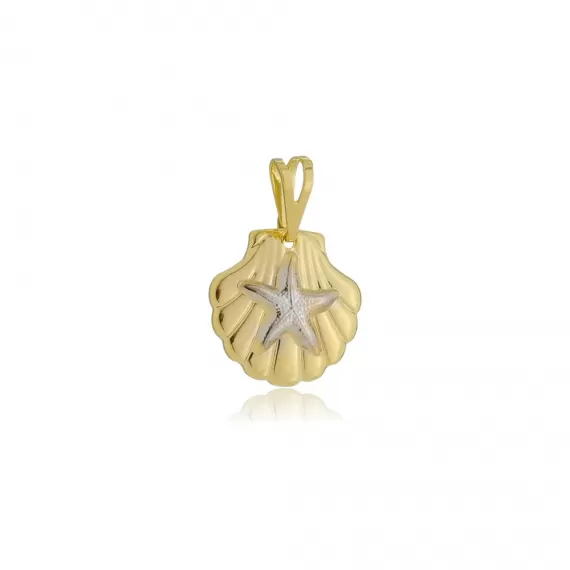 Pingente fomato de concha com estrela do mar em rodhium no centro - Folheado a Ouro 18k