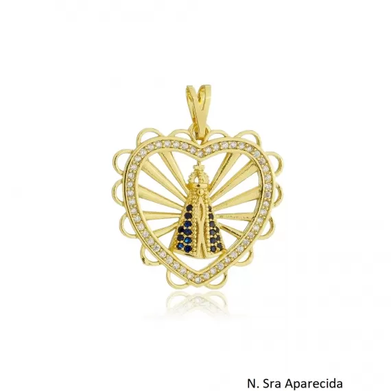 Pingente formato em coração e N. Senhora Aparecida, com detalhes em zircônia - Folheado a Ouro 18k