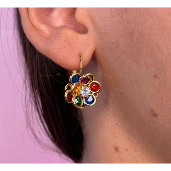 Argola Articulada de Flor Colorido - Folheado a Ouro 18k
