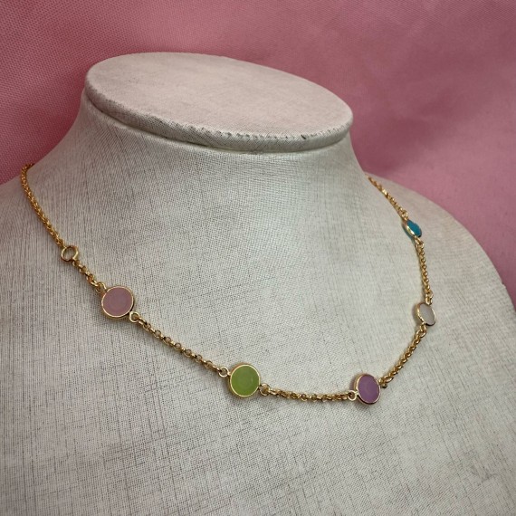 Chocker Elo Português e Zircônia Rosa,Verde e Azul - Folheado a Ouro 18k