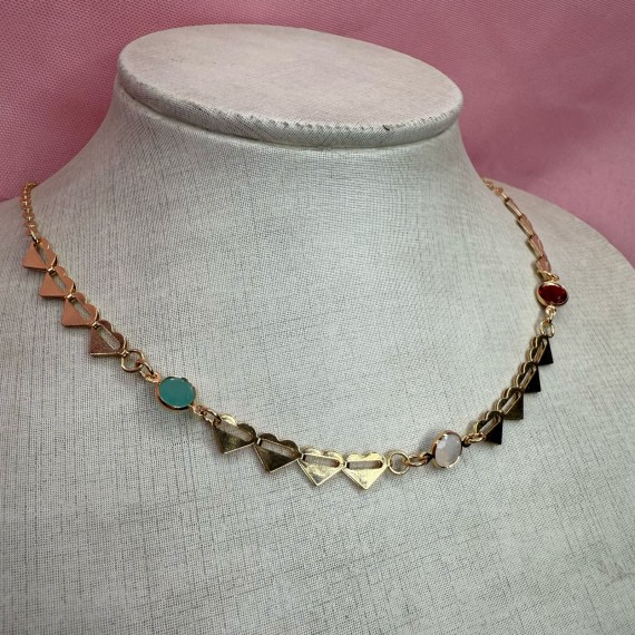 Chocker com Corações e Zircônia Azul,Vermelho e Branco - Folheado a Ouro 18k 