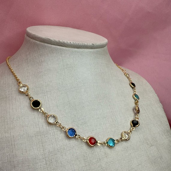 Chocker Pedras Redondas Coloridas - Folheado a Ouro 18k