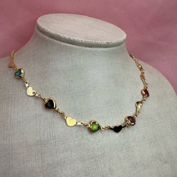 Chocker Coração e Pedras Coloridas - Folheado a Ouro 18k