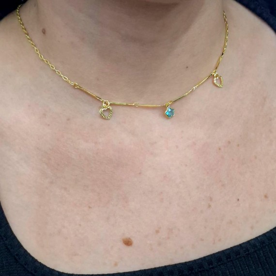 Chocker de Coração com Estrelas e Pedra azul - Folheado a ouro 18k