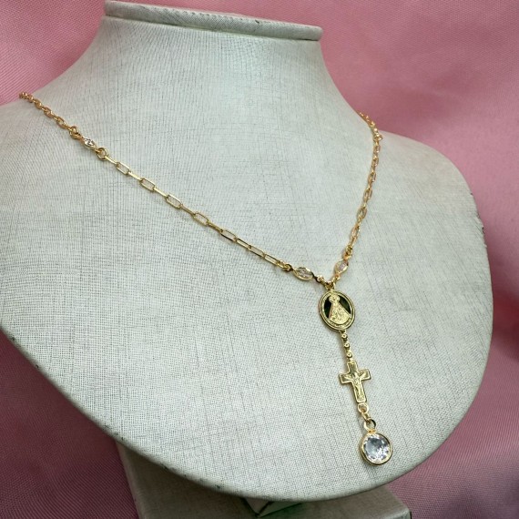 Cordão Terço com Pedra - Folheado a Ouro 18k