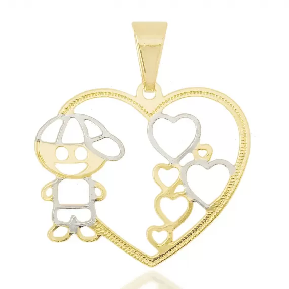 Pingente de Coração com um Menino com detalhes de rodhium - Folheado a Ouro 18k