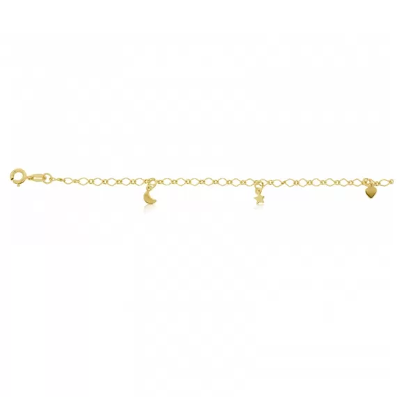 Pulseira Infantil com pingentes de lua, coração e estrela 6mm e corrente espessura 3mm - Folheado a Ouro 18k