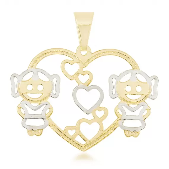 Pingente de Coração com Duas meninas com detalhes de rodhium - Folheado a Ouro 18k