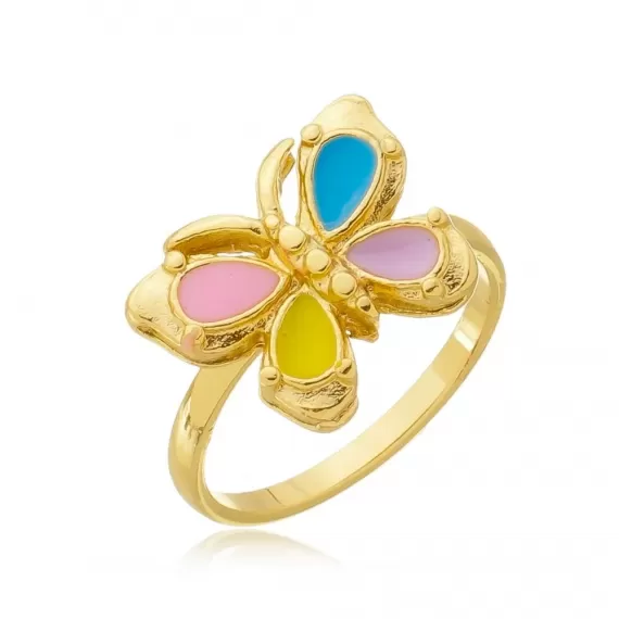 Anel Infantil borboleta com resina colorida - Folheado a Ouro 18k