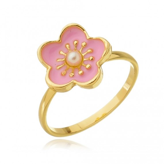 Anel Infantil formato de flor resinado com pérola no centro - Folheado a Ouro 18k