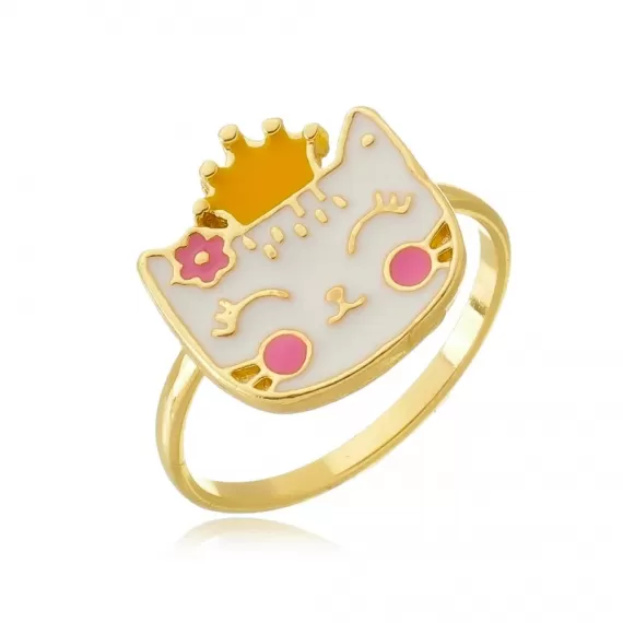 Anel infantil gatinha com coroa resinado - Folheado a Ouro 18k