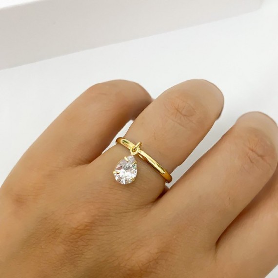 Anel com Gota Pendurada de Zircônia - Folheado a Ouro 18k