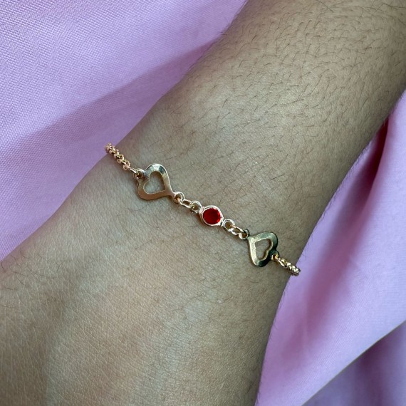 Pulseira com Dois Corações + Pedra - Folheado a Ouro 18k