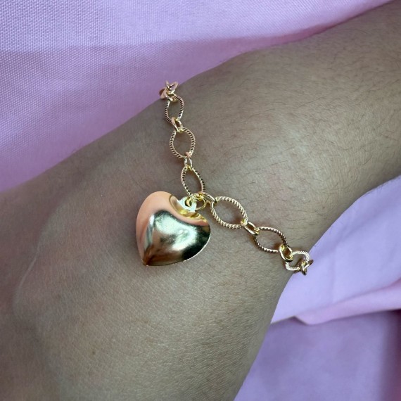 Pulseira Elo Oval com Pingente de Coração Preenchido Pendurado - Folheado a Ouro 18k