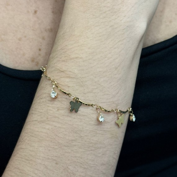 Pulseira com Pingentes de Borboleta e Pedra - Folheado a Ouro 18k