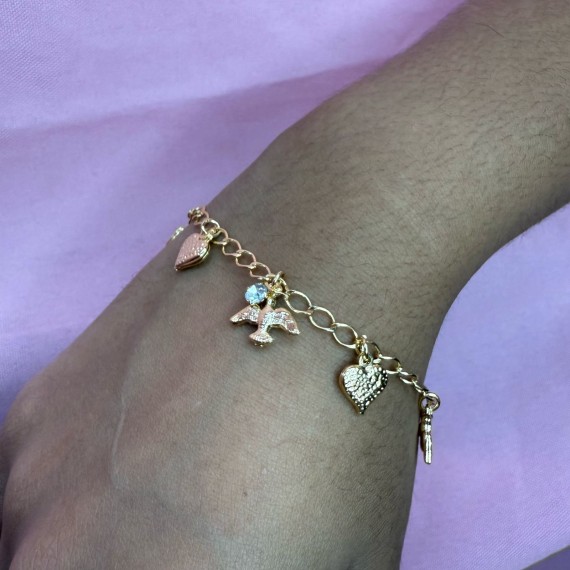 Pulseira com Pingentes de Coração,Pomba da Paz e Pedra Pendurado - Folheado a Ouro 18k