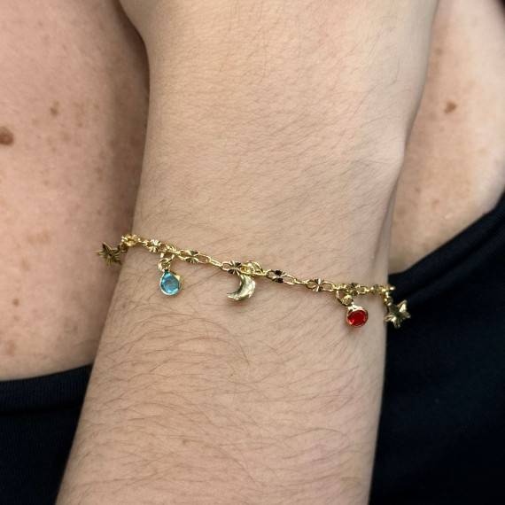Pulseira com Vários Pingentes de Lua e Estrela + Pedras - Folheado a Ouro 18k