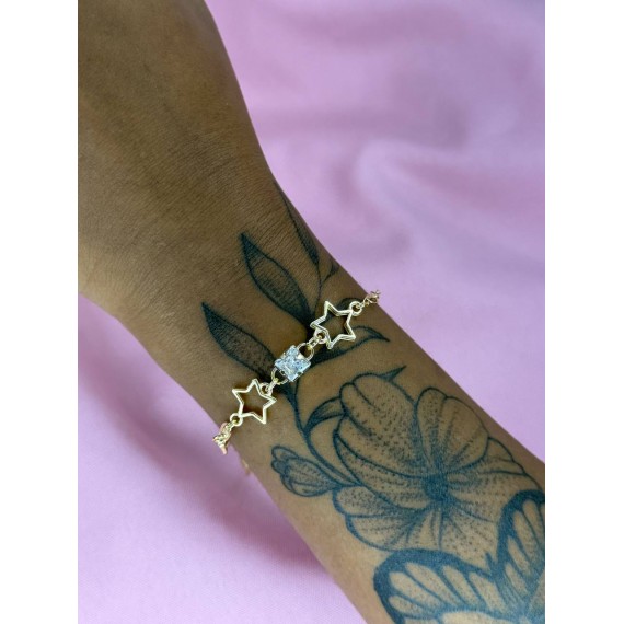 Pulseira com Duas Estrelas Vazadas com Ponto de Luz no meio - Folheado a Ouro 18k