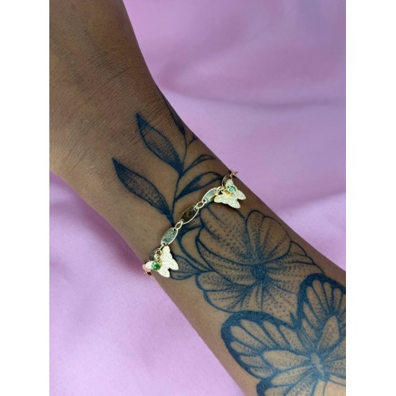 Pulseira de Borboleta com Pedras Verdes - Folheado a Ouro 18k