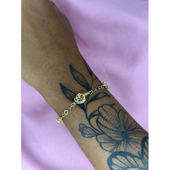 Pulseira Elo Coração com Rosas - Folheado a Ouro 18k