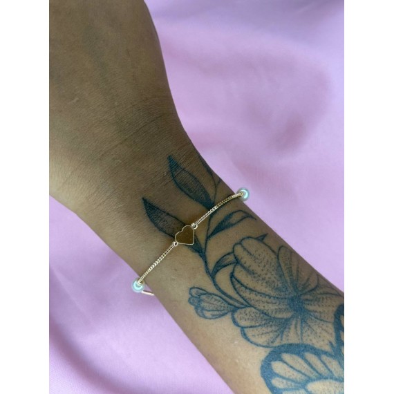 Pulseira com Coração Preenchido + Pérola - Folheado a Ouro 18k 