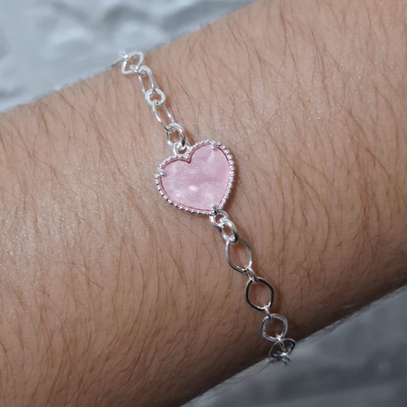 Pulseira Elo Cadeado Redondo com Pingente de Coração - Folheado a Prata