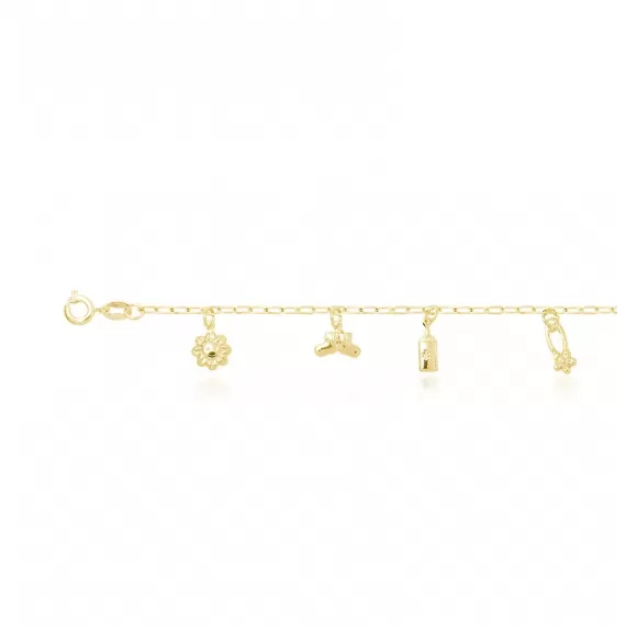 Pulseira Infantil espessura 2mm com pingentes flor, sapatinhos, mamadeira, presilha, chupeta, carrinho de bebe e urso - Folheado a Ouro 18k