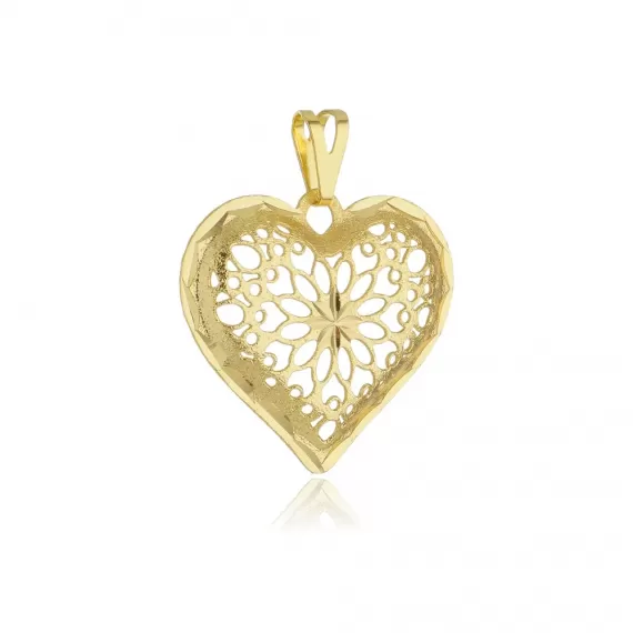 Pingente formato de coração fosco e diamantados, com detalhes vazados - Folheado a Ouro 18k