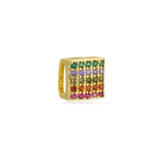 Pingente formato quadrado com micro zircônias coloridas - Folheado a Ouro 18k