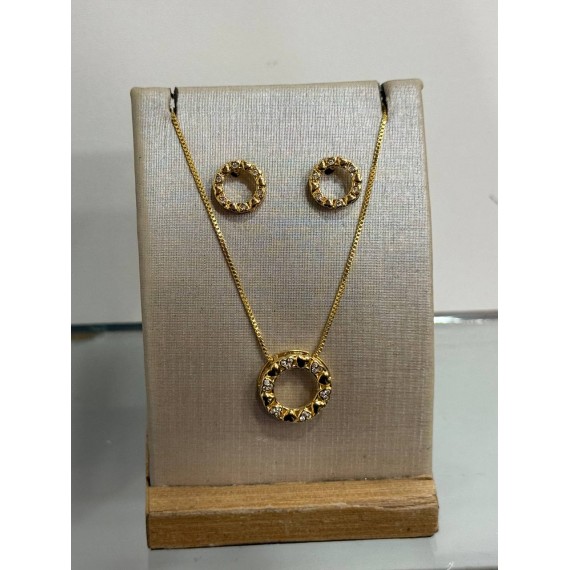 Conjunto Círculo com Mini Corações + Pedra - Folheado a Ouro 18k