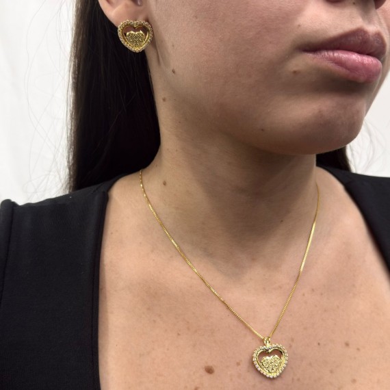 Conjunto de Coração Cravejado - Folheado a Ouro 18k