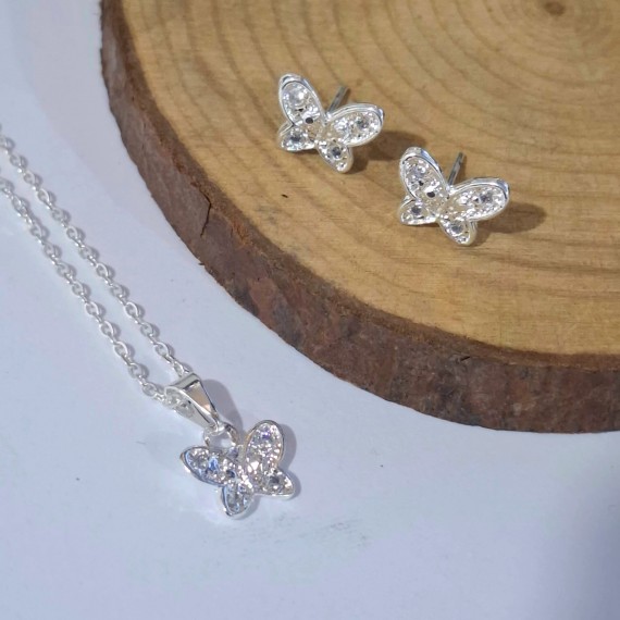 Conjunto de Borboleta com Pedras - Folheado a prata