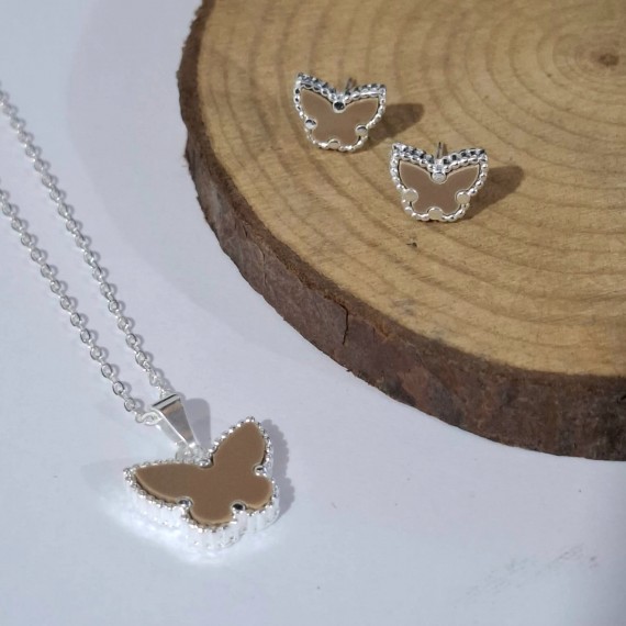 Conjunto de Borboleta Marrom - Folheado a Prata