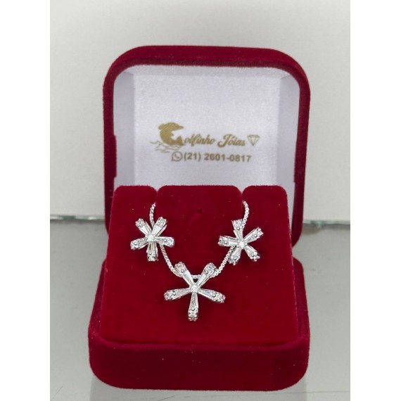 Conjunto Flor com Pedras - Folheado a Prata 