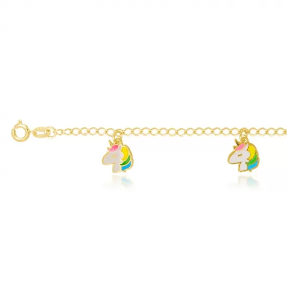 Pulseira Infantil corrente espessura 3mm com pingentes de Unicórnios em resina colorida 1,1 cm - Folheado a Ouro 18k